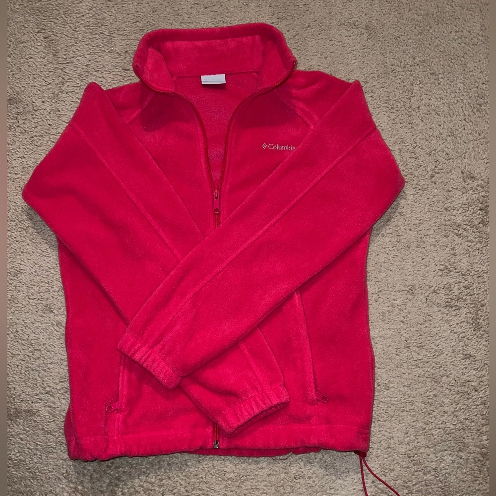 Women Columbia Fleece Jacket - Elastic Waist, Zipper Pocket - Medium - Hot Pink